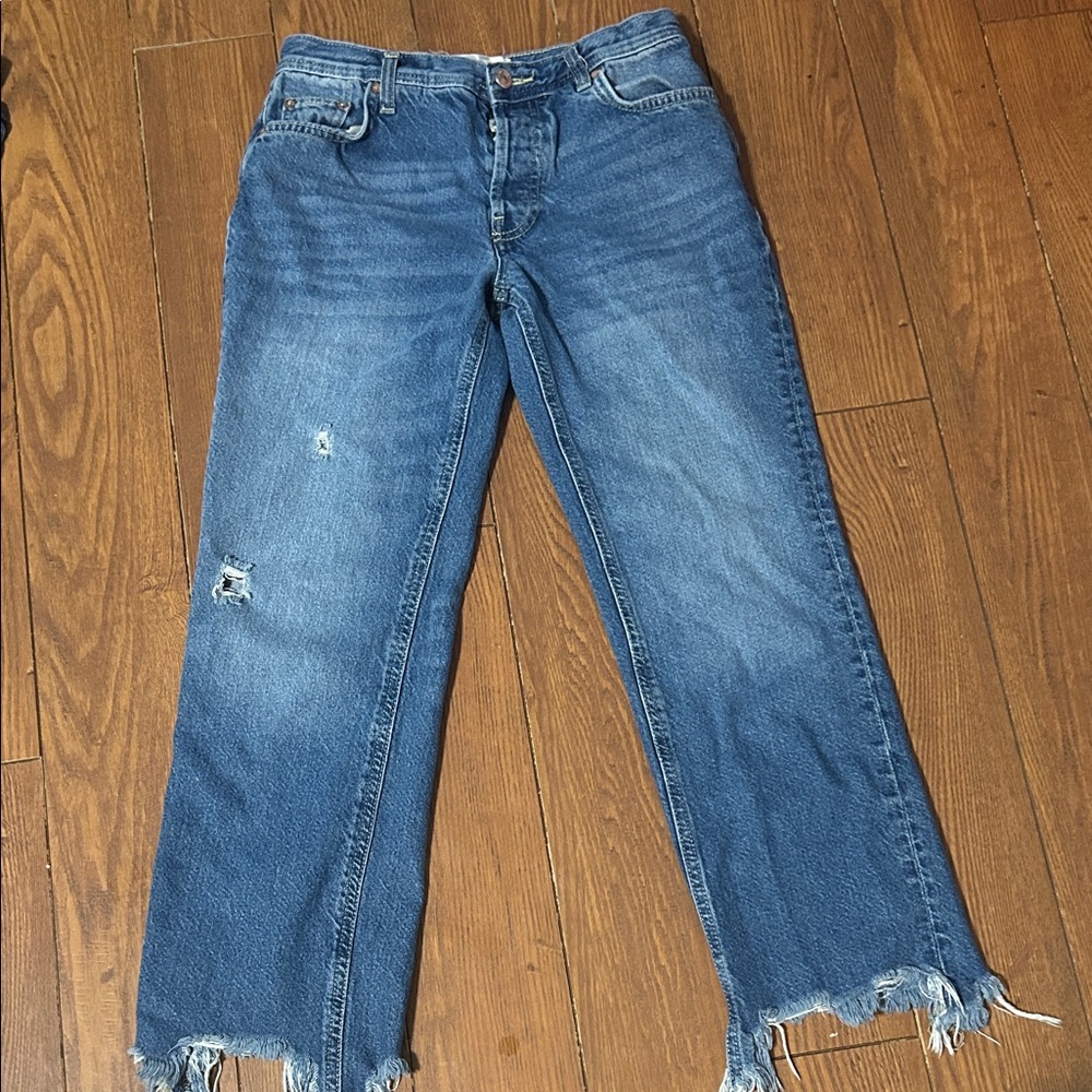 We The Free Blue Cropped Jeans with Frayed Hem